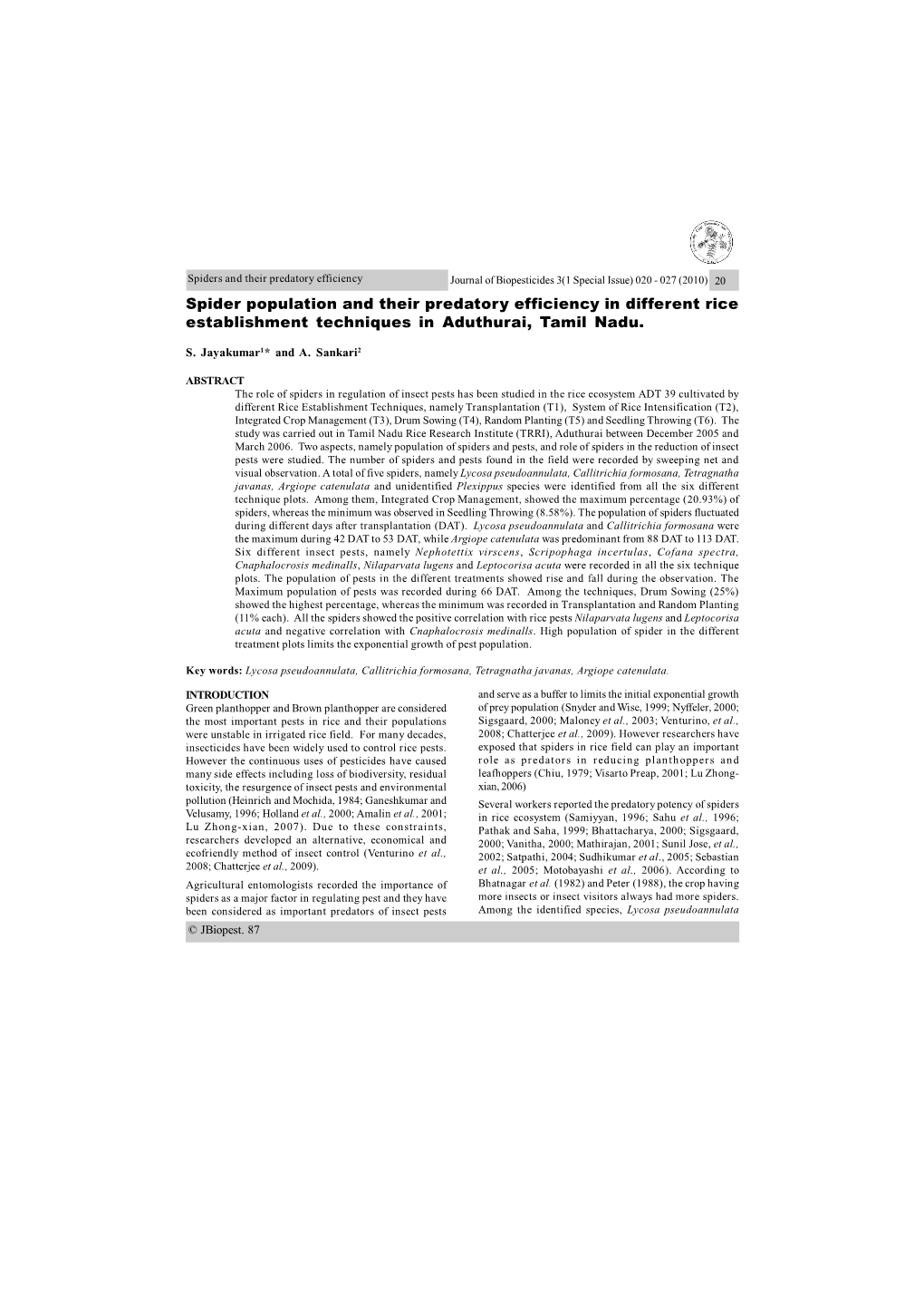 Spider Population and Their Predatory Efficiency in Different Rice Establishment Techniques in Aduthurai, Tamil Nadu