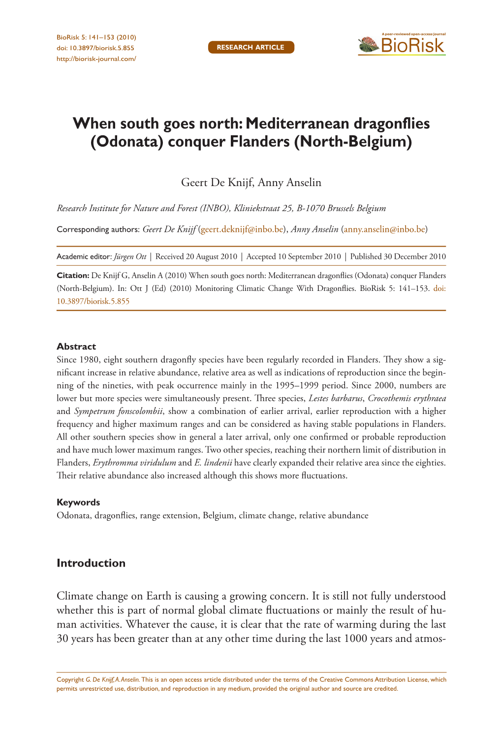 Odonata in Flanders (Belgium) 141 Doi: 10.3897/Biorisk.5.855 RESEARCH ARTICLE Biorisk