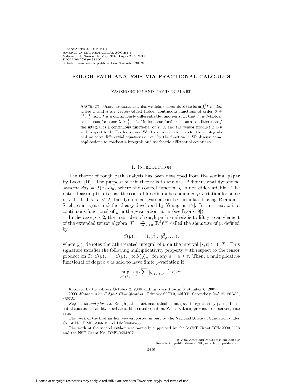 Rough Path Analysis Via Fractional Calculus 1