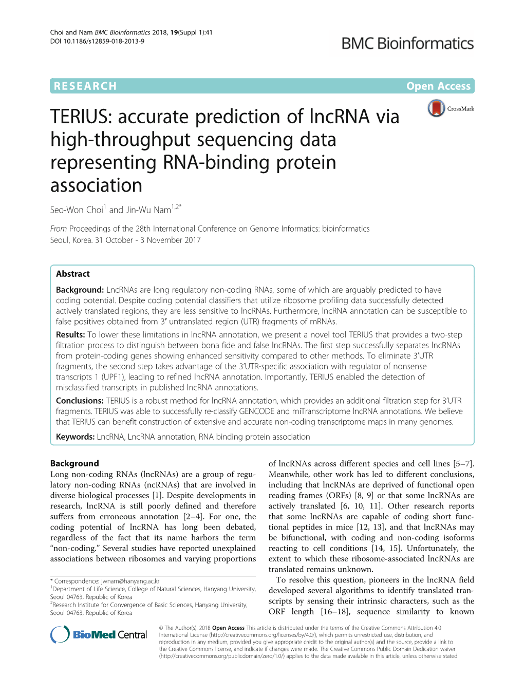 TERIUS: Accurate Prediction of Lncrna Via High-Throughput Sequencing Data Representing RNA-Binding Protein Association Seo-Won Choi1 and Jin-Wu Nam1,2*