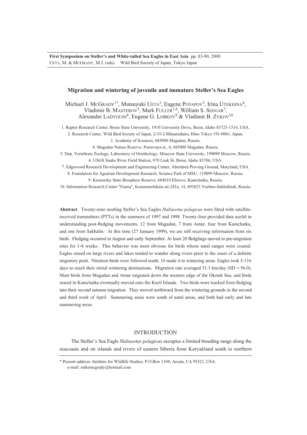 Migration and Wintering of Juvenile and Immature Steller's Sea Eagles