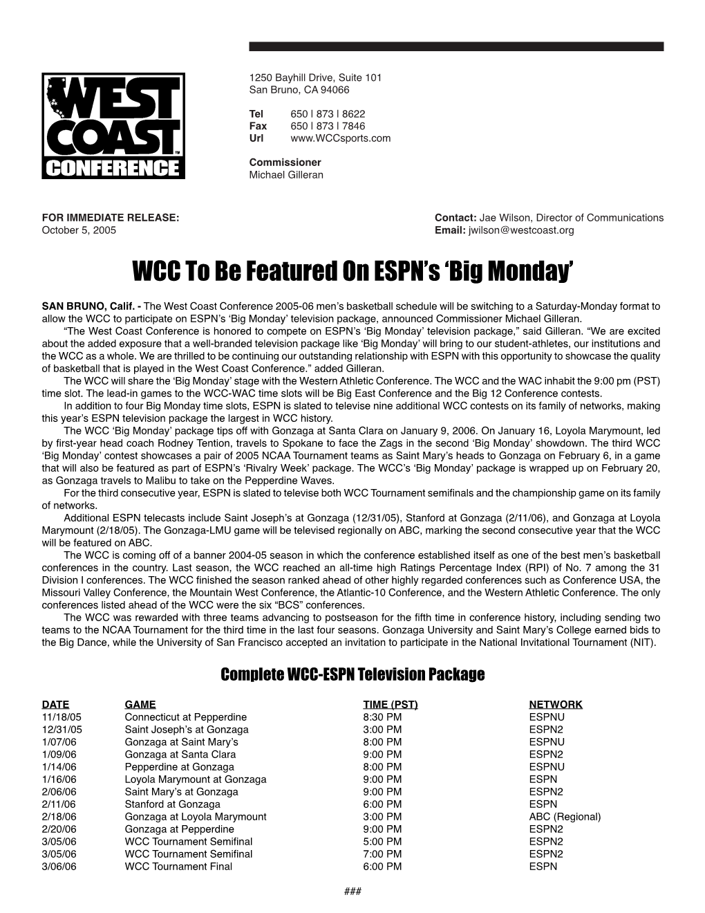 WCC to Be Featured on ESPN's 'Big Monday'