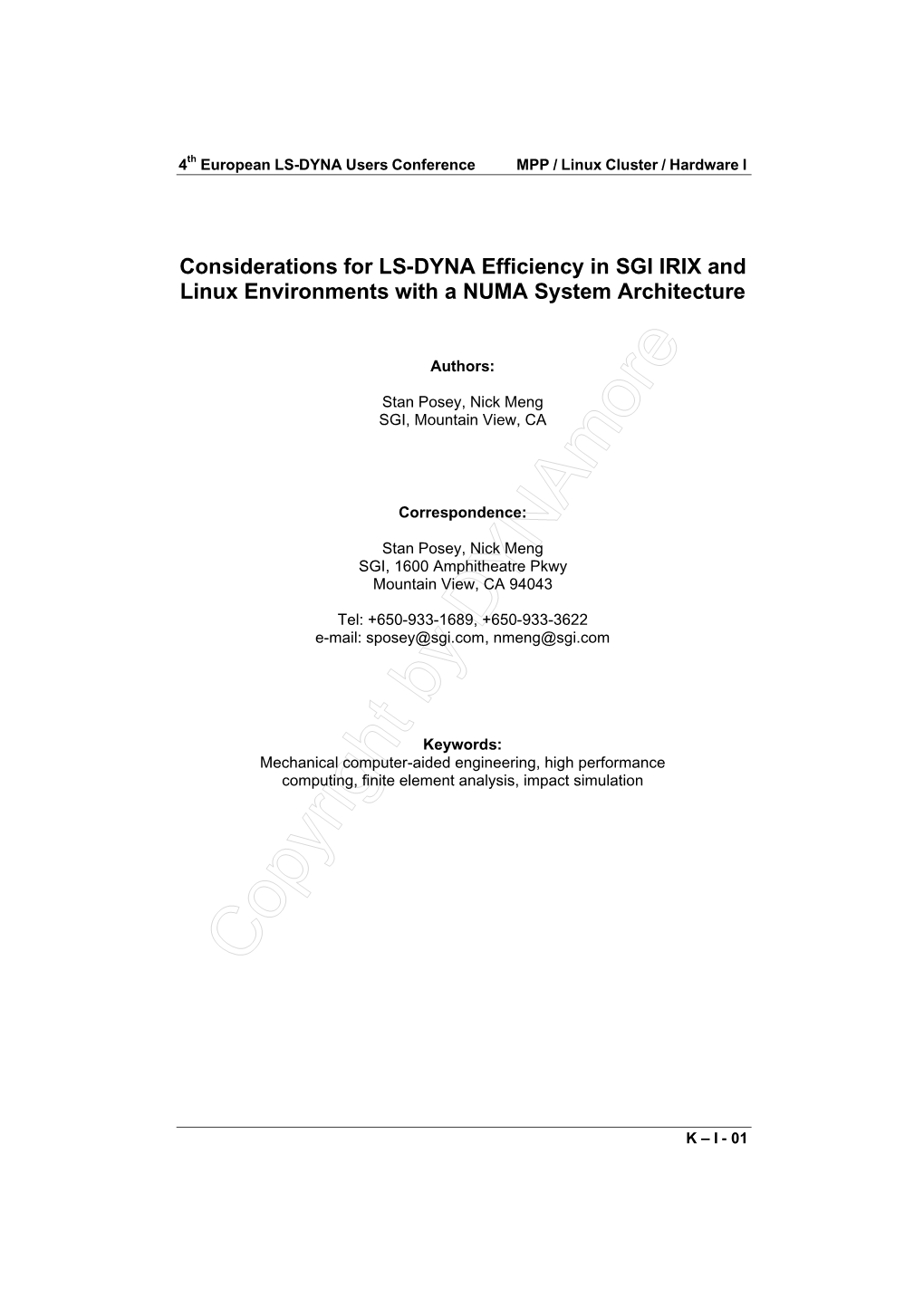 Considerations for LS-DYNA Efficiency in SGI IRIX and Linux Environments with a NUMA System Architecture