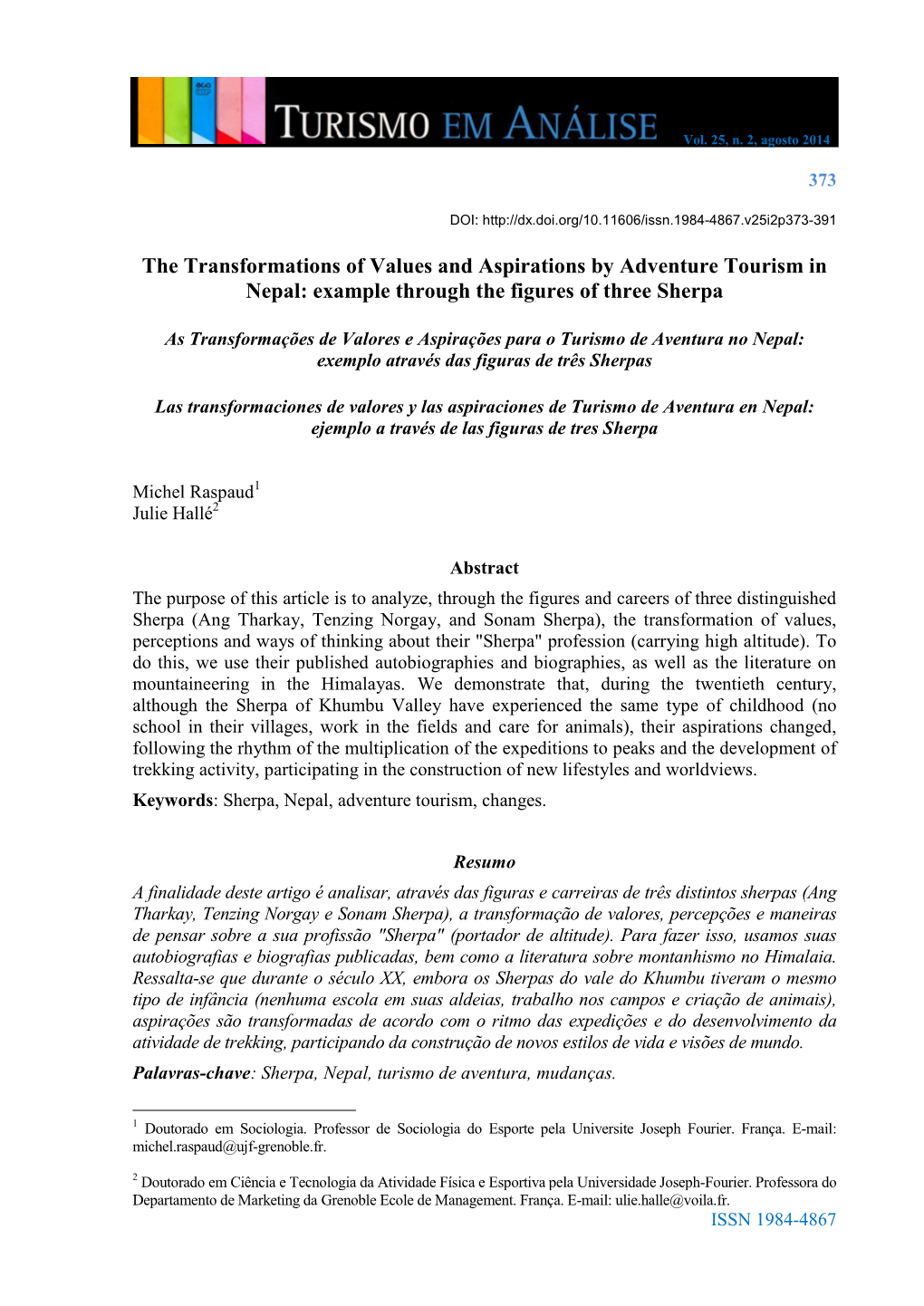 The Transformations of Values and Aspirations by Adventure Tourism in Nepal: Example Through the Figures of Three Sherpa