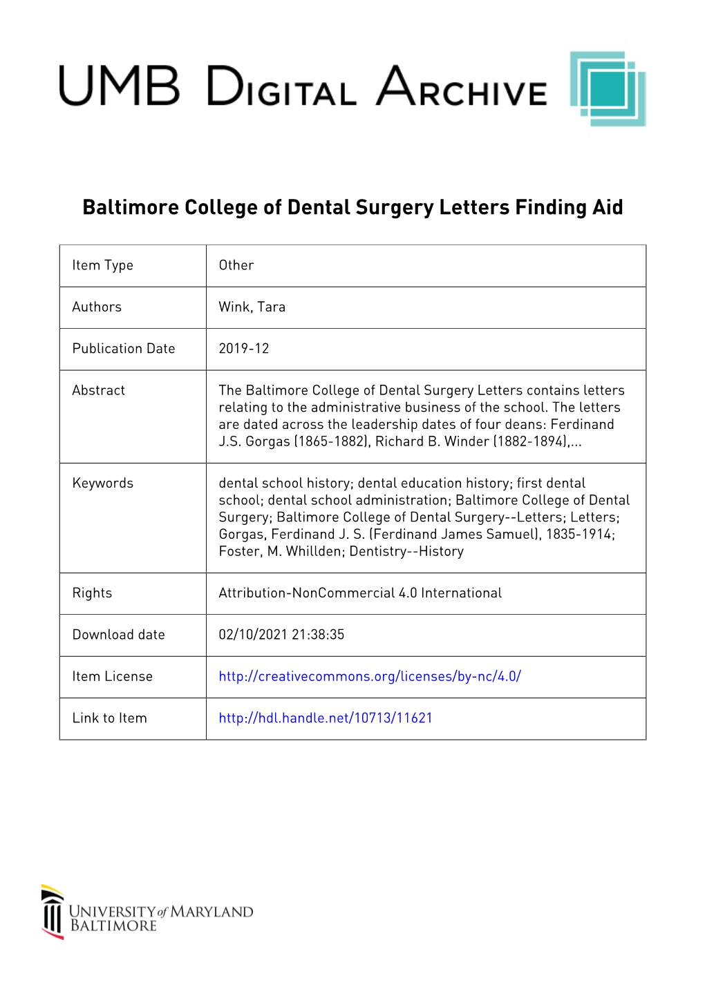 Baltimore College of Dental Surgery Letters Finding Aid