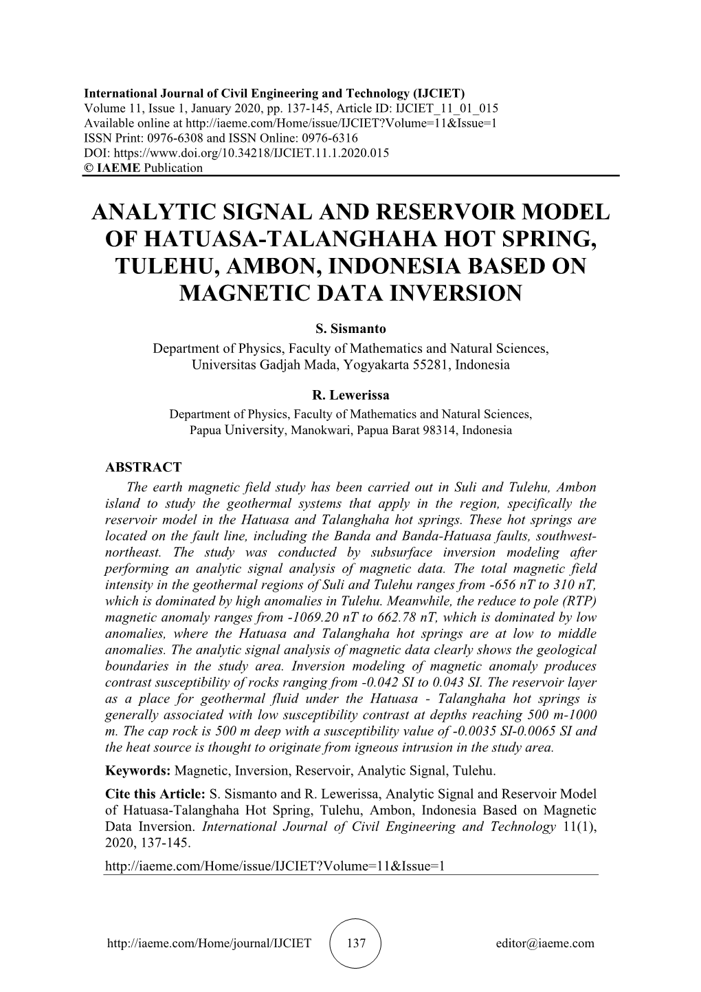 Analytic Signal and Reservoir Model of Hatuasa-Talanghaha Hot Spring, Tulehu, Ambon, Indonesia Based on Magnetic Data Inversion