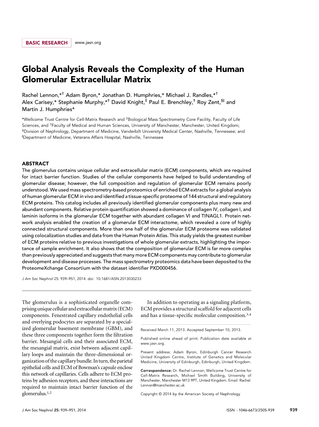 Global Analysis Reveals the Complexity of the Human Glomerular Extracellular Matrix