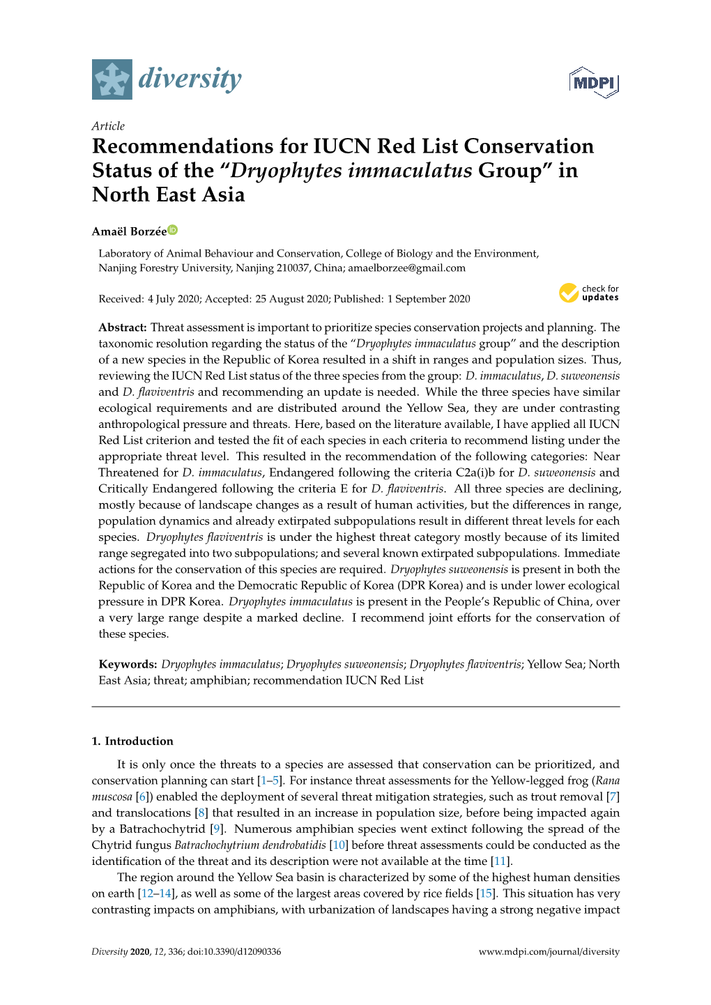 Recommendations for IUCN Red List Conservation Status of the “Dryophytes Immaculatus Group” in North East Asia