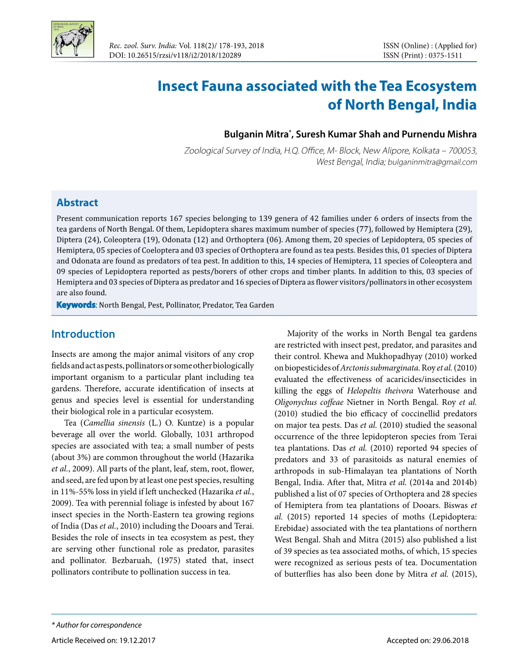 Insect Fauna Associated with the Tea Ecosystem of North Bengal, India