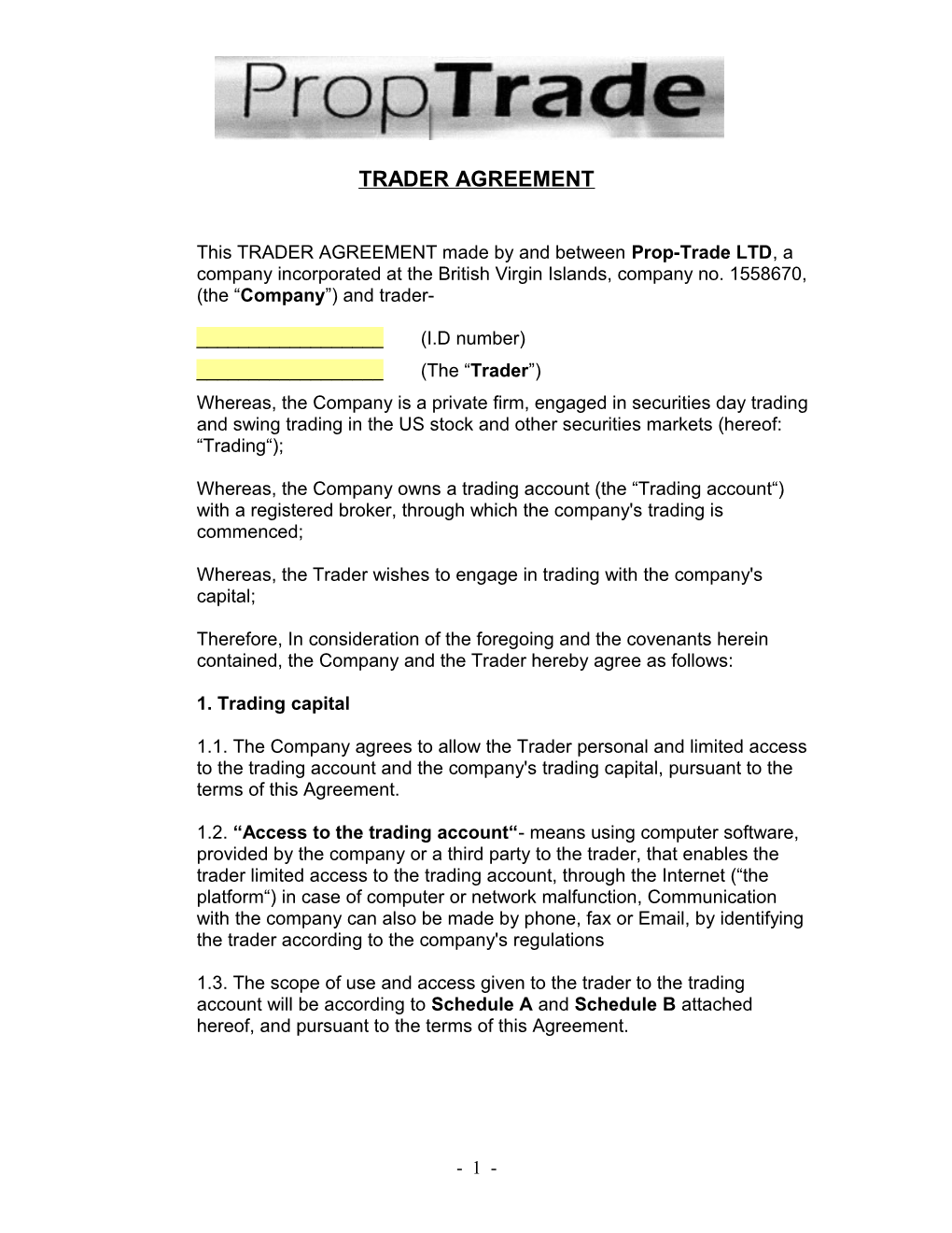 Trader Agreement