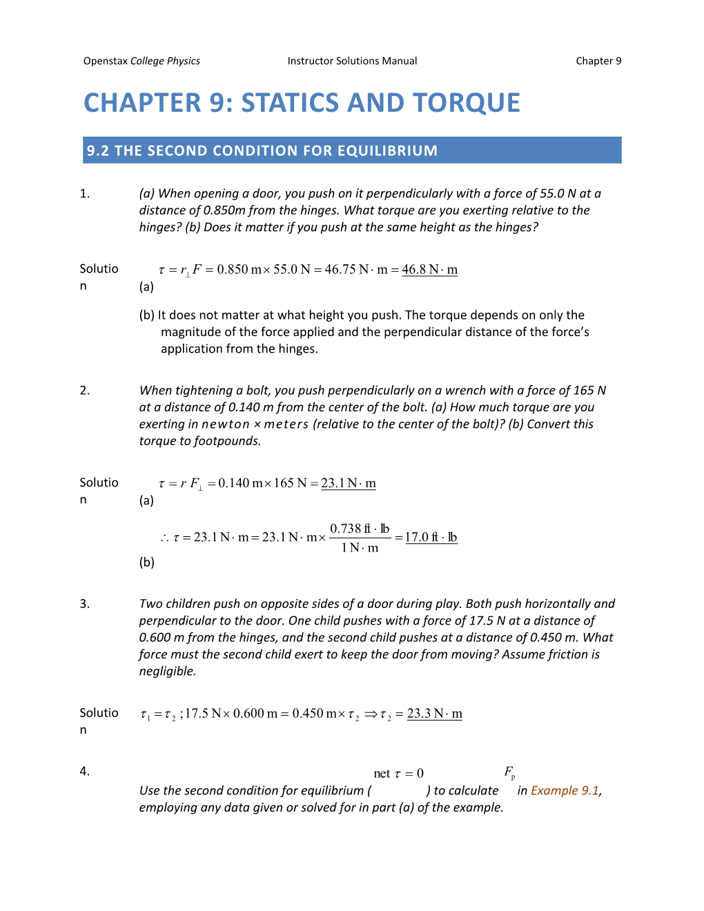 Openstax College Physics Instructor Solutions Manual Chapter 9