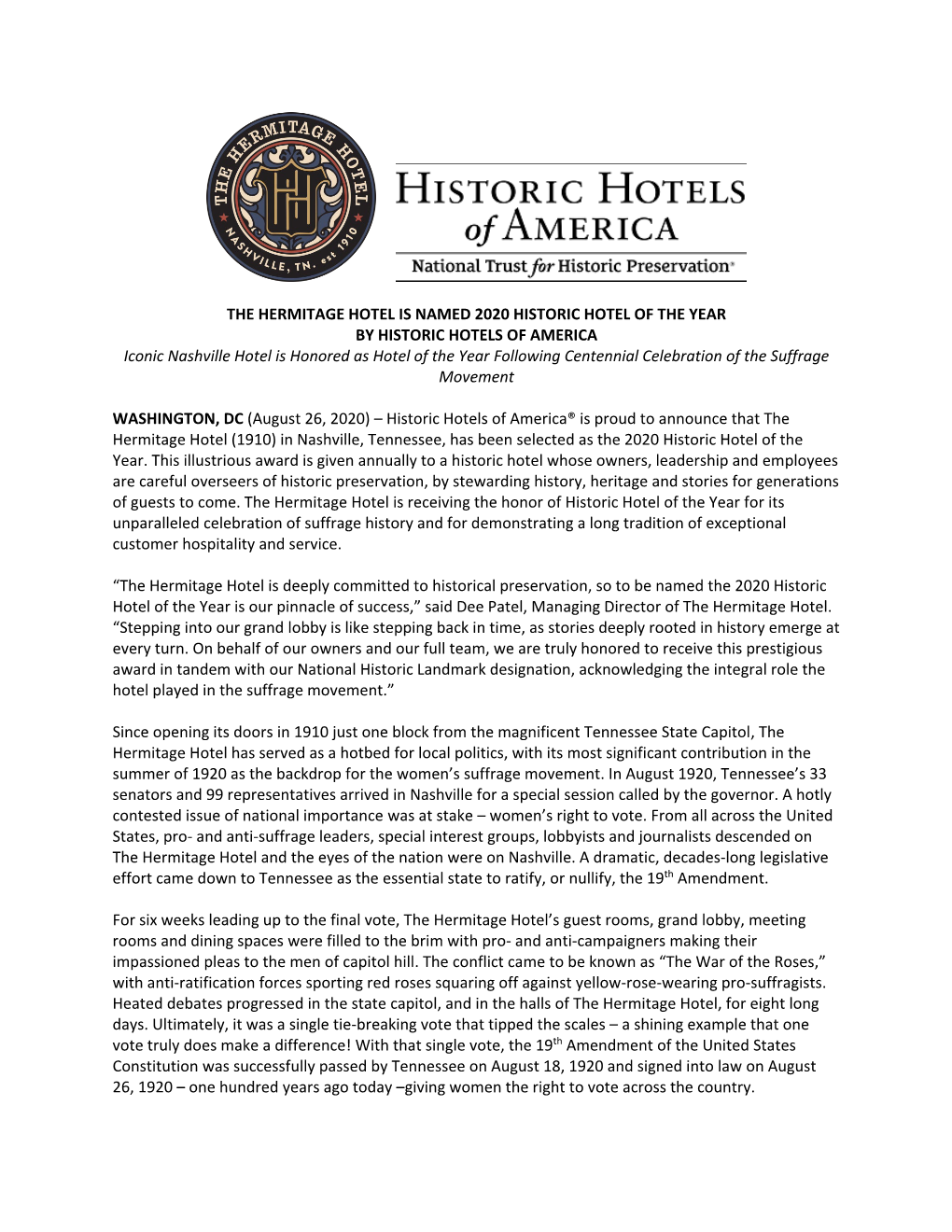 The Hermitage Hotel Is Named 2020 Historic Hotel of The