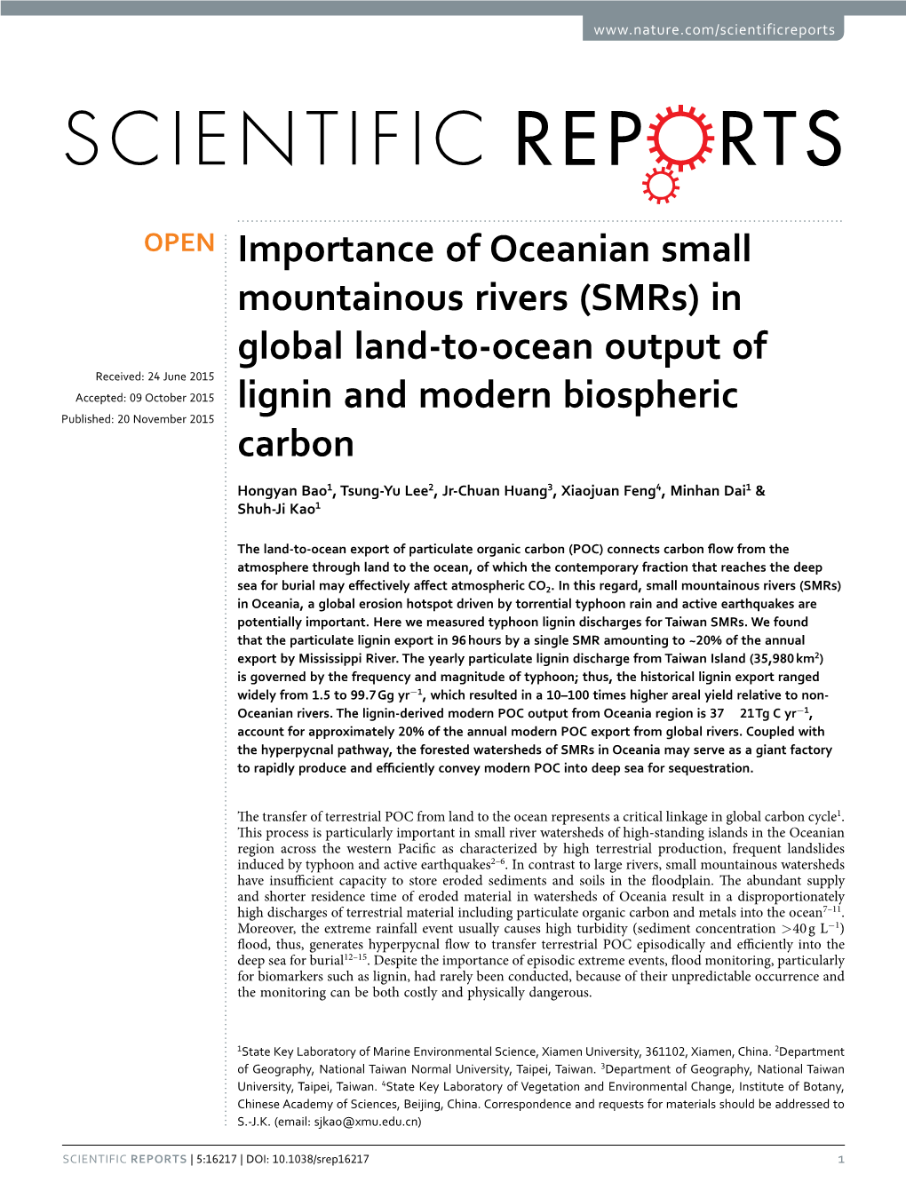 In Global Land-To-Ocean Output of Lignin and Modern Biospheric Carbon