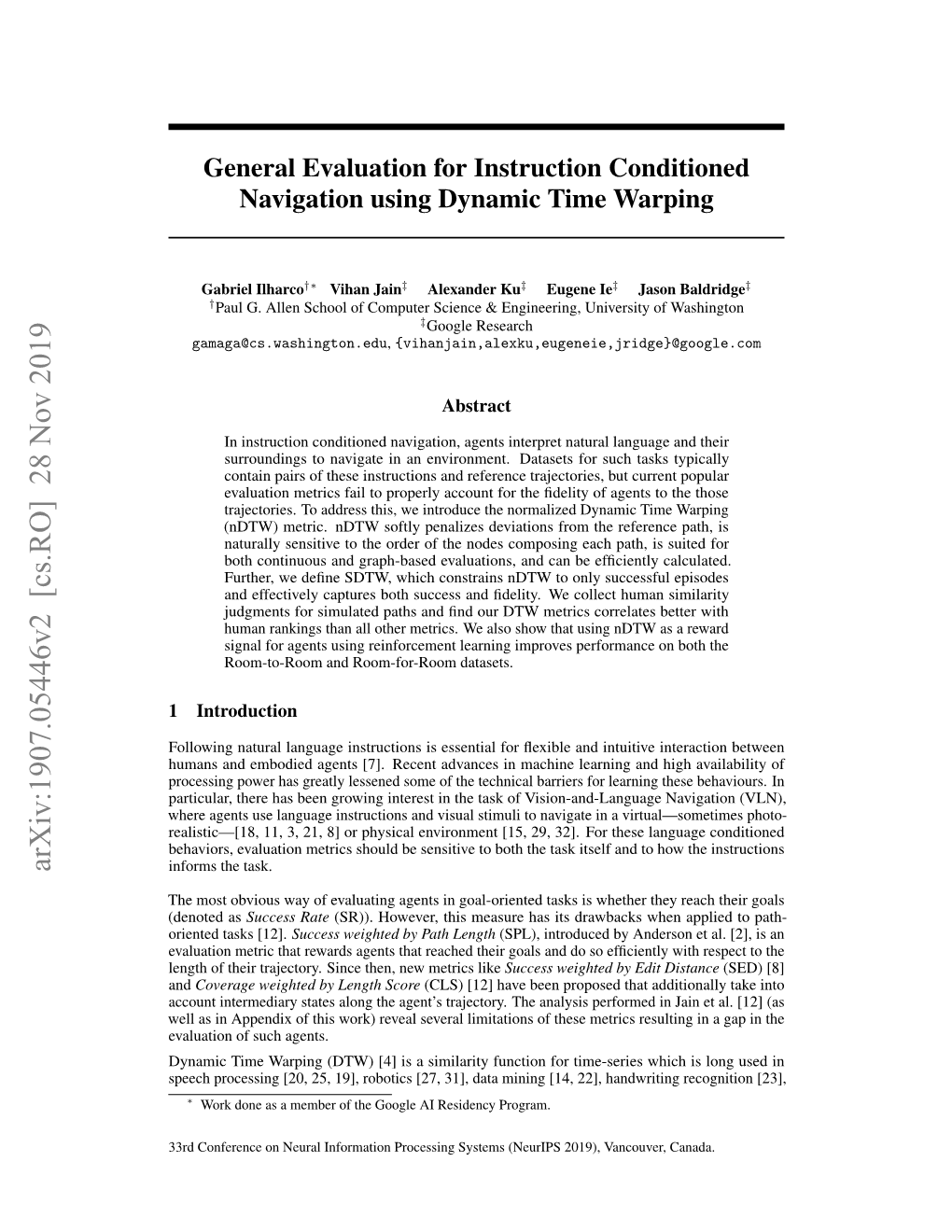 General Evaluation for Instruction Conditioned Navigation Using Dynamic Time Warping