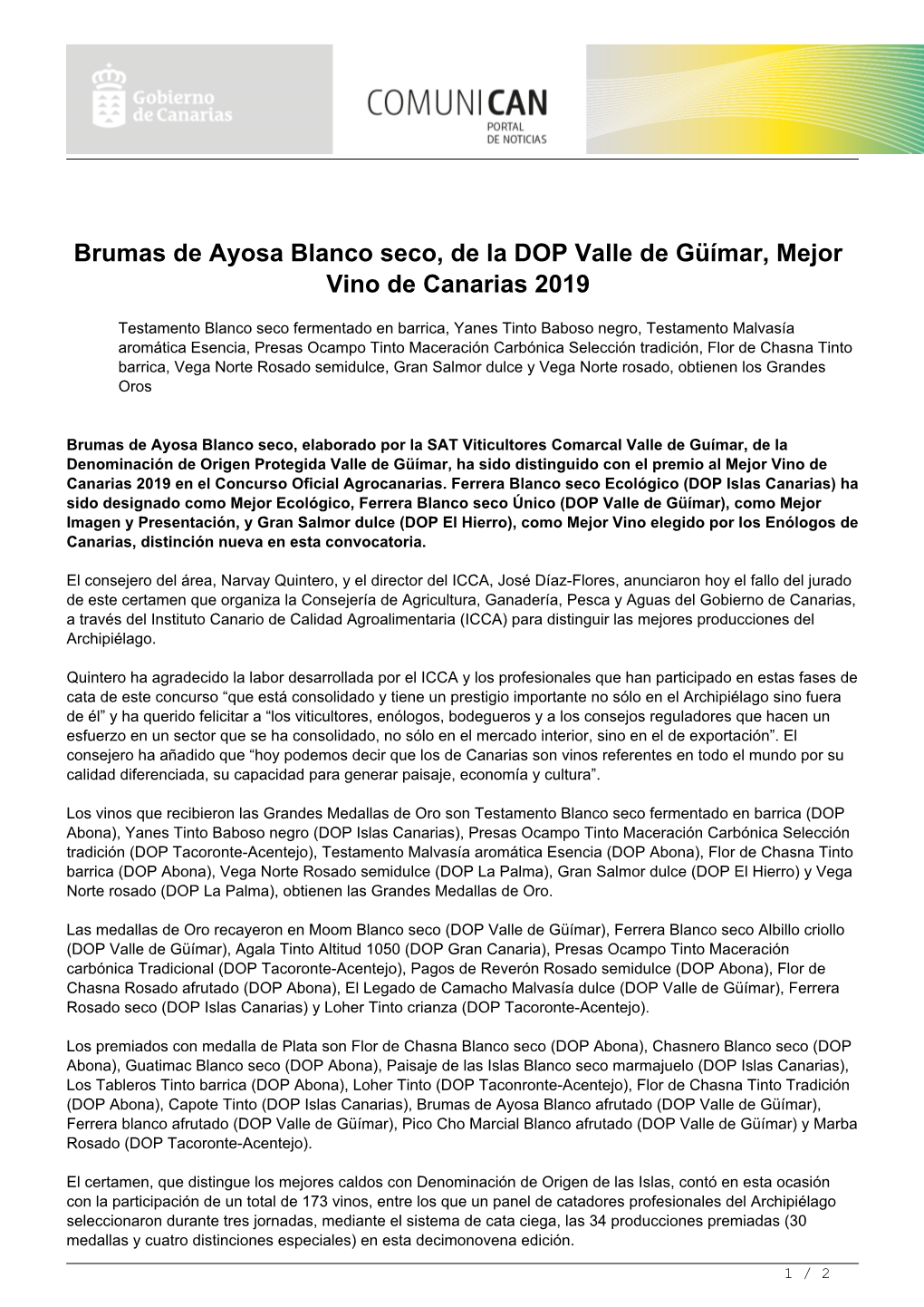 Brumas De Ayosa Blanco Seco, De La DOP Valle De Güímar, Mejor Vino De Canarias 2019