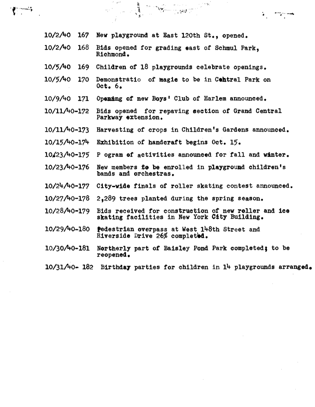 F 10/2AO 167 New Playground at East 120Th St., Opened, 10/2A0 168 Bids Opened for Grading East of Sehmul Park, Richmond• 10