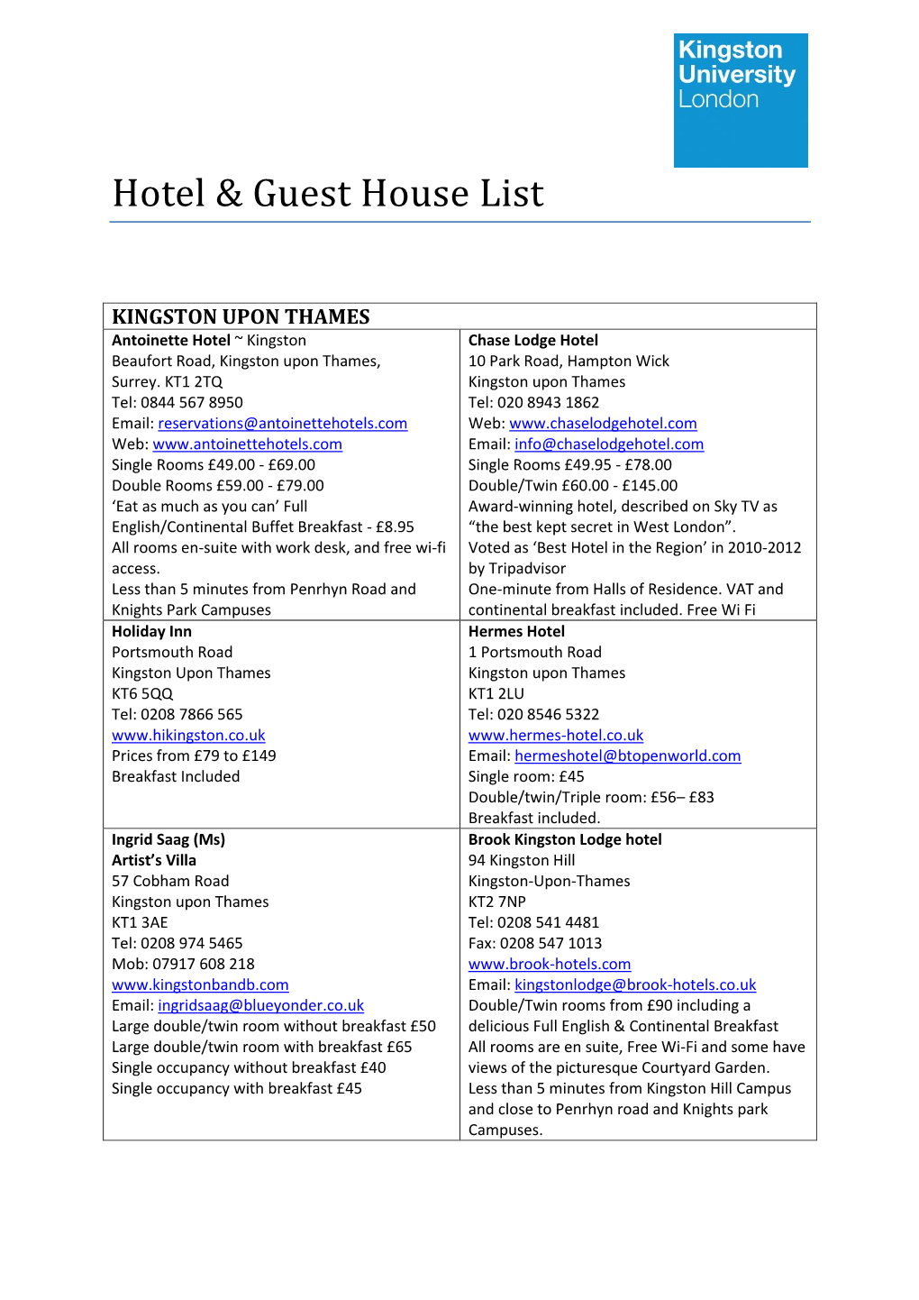 Hotel & Guest House List