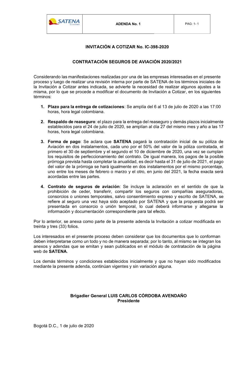 INVITACIÓN a COTIZAR No. IC-398-2020 CONTRATACIÓN