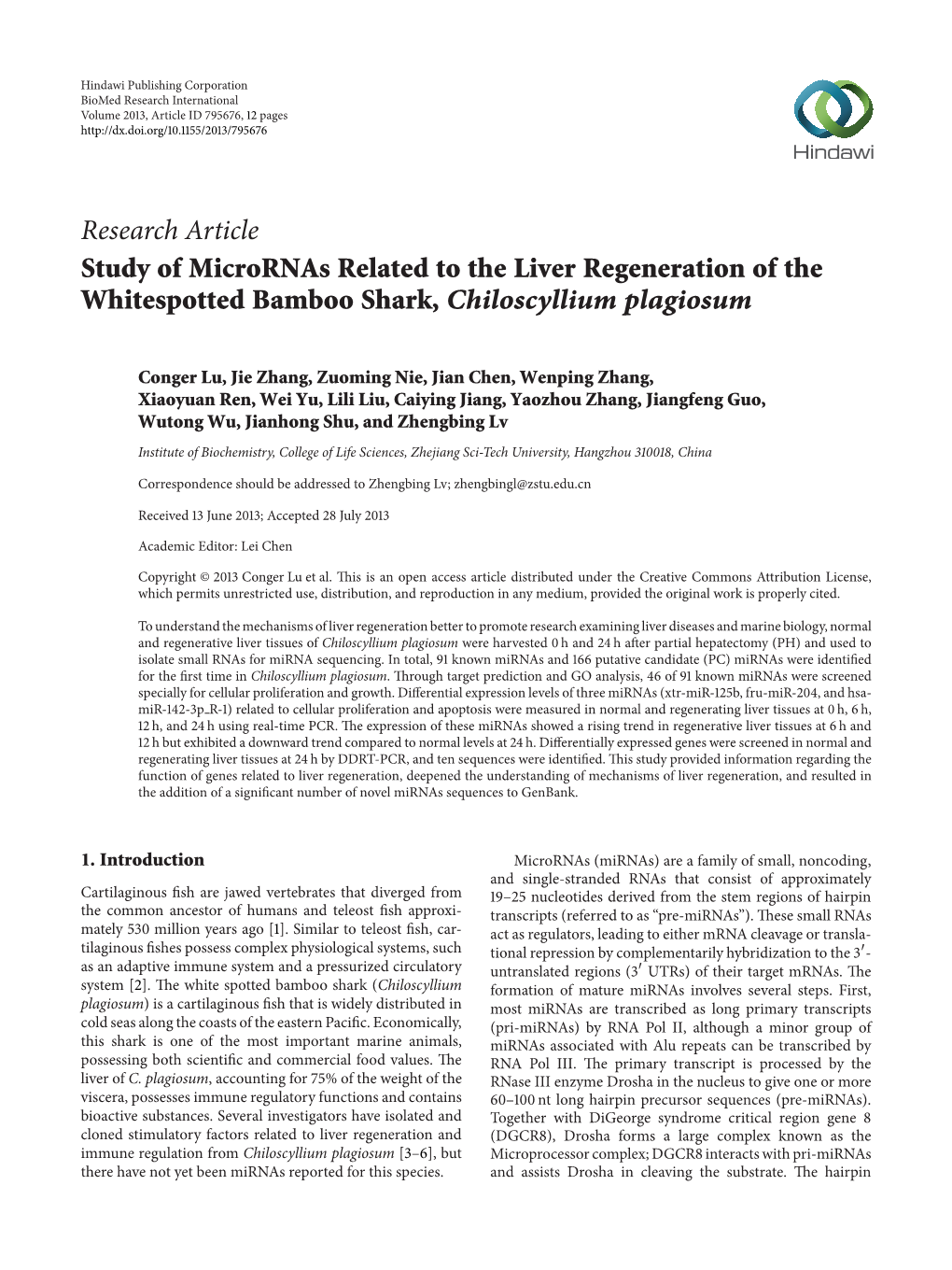 Research Article Study of Micrornas Related to the Liver Regeneration of the Whitespotted Bamboo Shark, Chiloscyllium Plagiosum