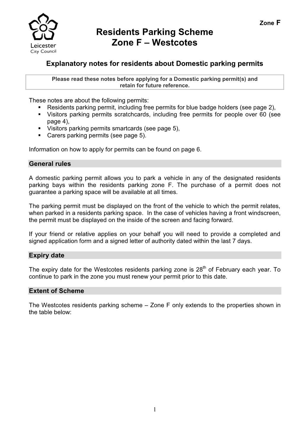 Residents Parking Scheme Zone F – Westcotes