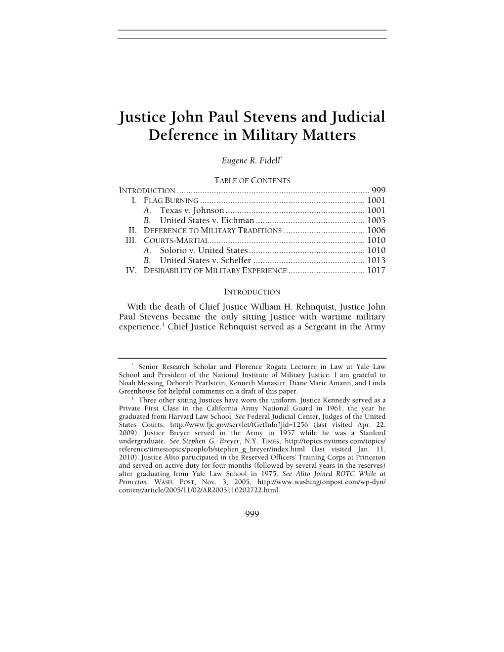 Justice John Paul Stevens and Judicial Deference in Military Matters