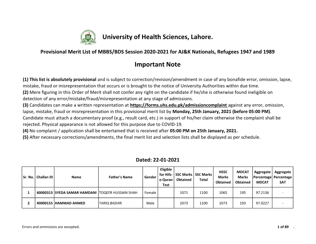 University of Health Sciences, Lahore. Important Note