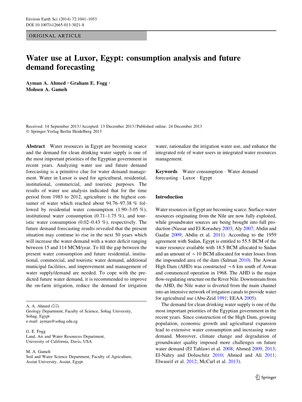 Water Use at Luxor, Egypt: Consumption Analysis and Future Demand Forecasting