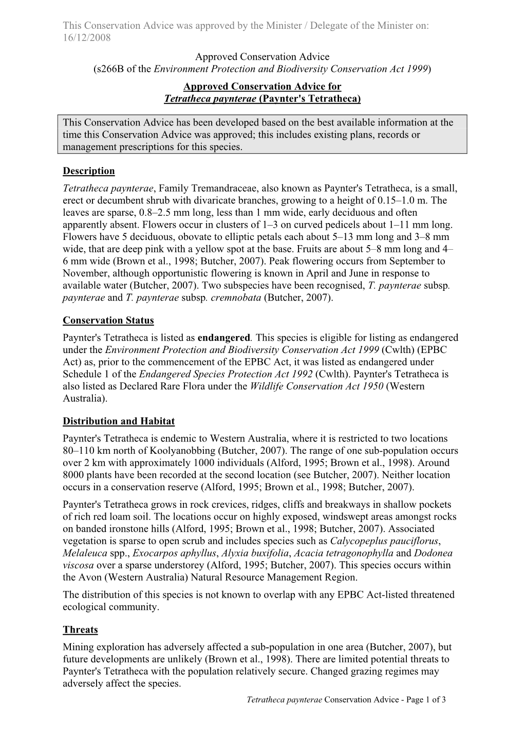 Approved Conservation Advice for Tetratheca Paynterae (Paynter's Tetratheca)