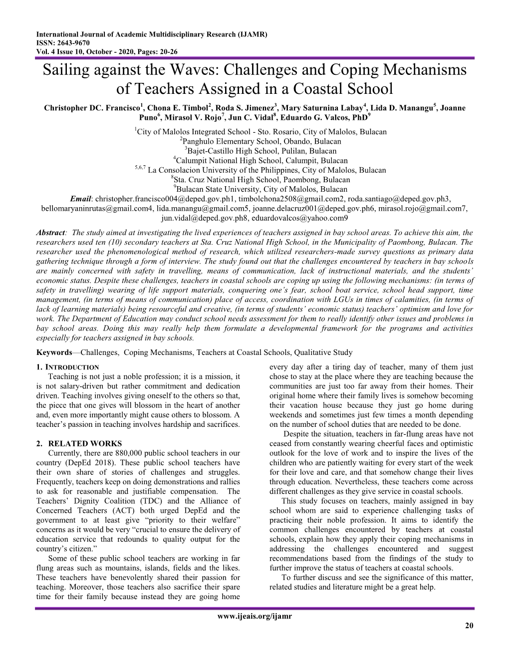 Sailing Against the Waves: Challenges and Coping Mechanisms of Teachers Assigned in a Coastal School Christopher DC