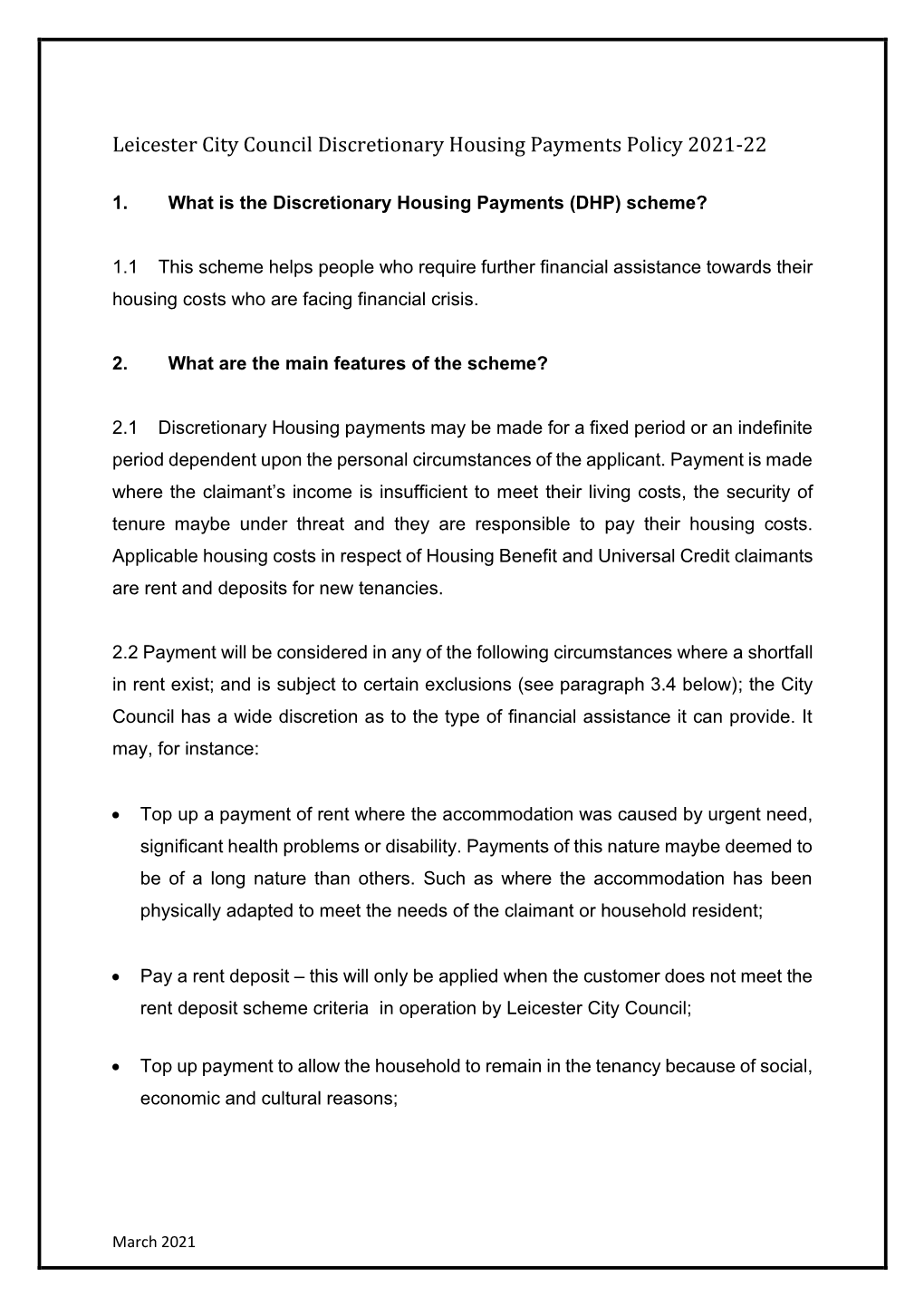 Leicester City Council Discretionary Housing Payments Policy 2021-22