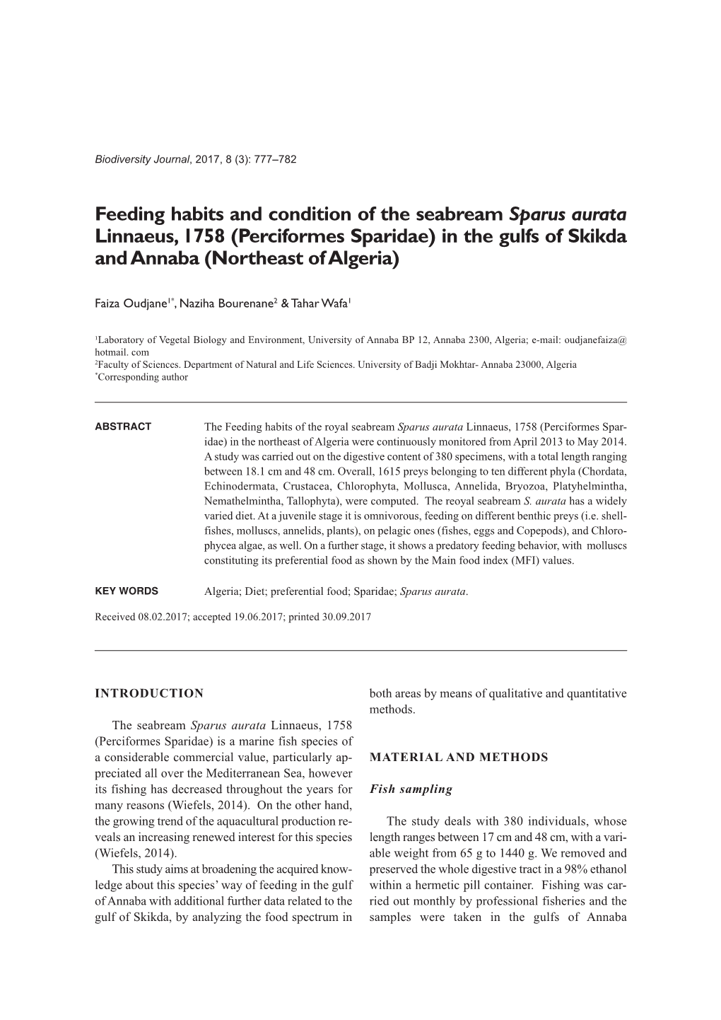 Feeding Habits and Condition of the Seabream Sparus Aurata Linnaeus, 1758 (Perciformes Sparidae) in the Gulfs of Skikda and Annaba (Northeast of Algeria)
