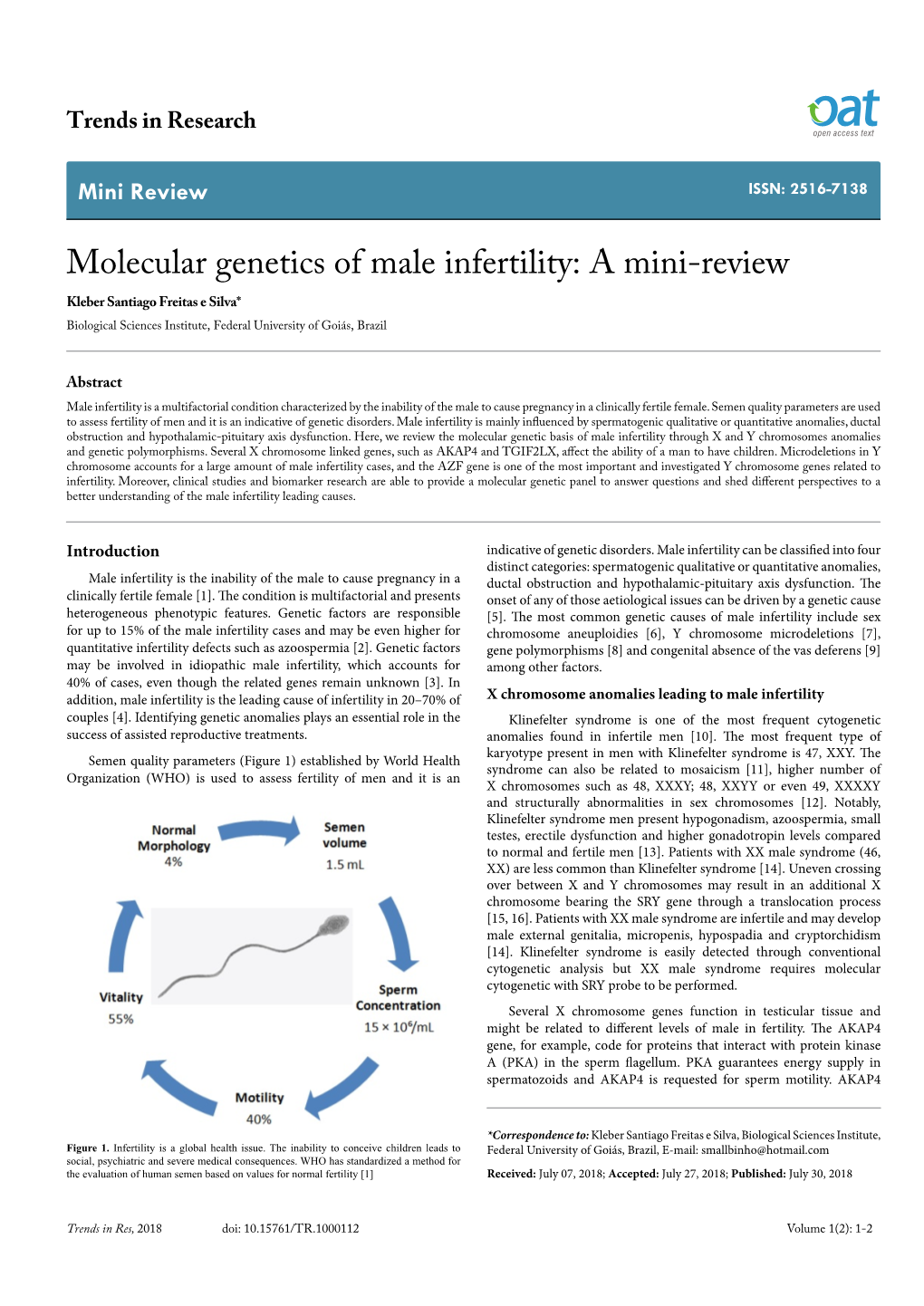 Molecular Genetics of Male Infertility: a Mini-Review Kleber Santiago Freitas E Silva* Biological Sciences Institute, Federal University of Goiás, Brazil