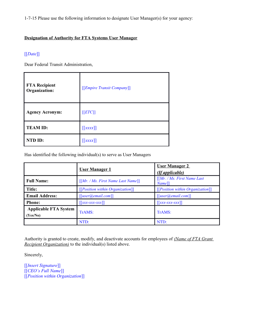 User Manager Template for Trams