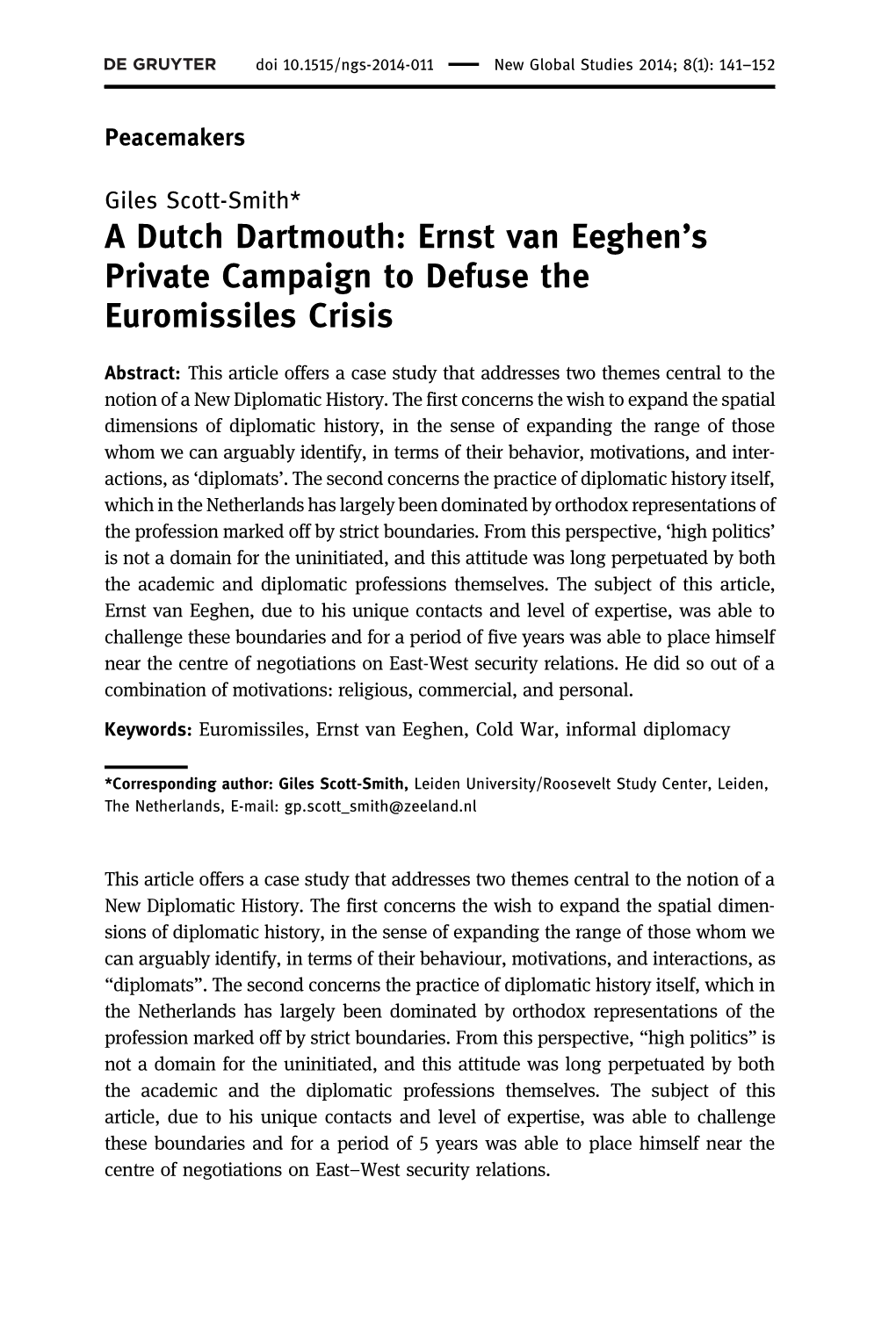 A Dutch Dartmouth: Ernst Van Eeghen's Private Campaign To