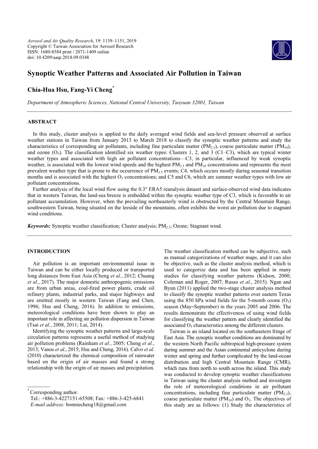 Synoptic Weather Patterns and Associated Air Pollution in Taiwan