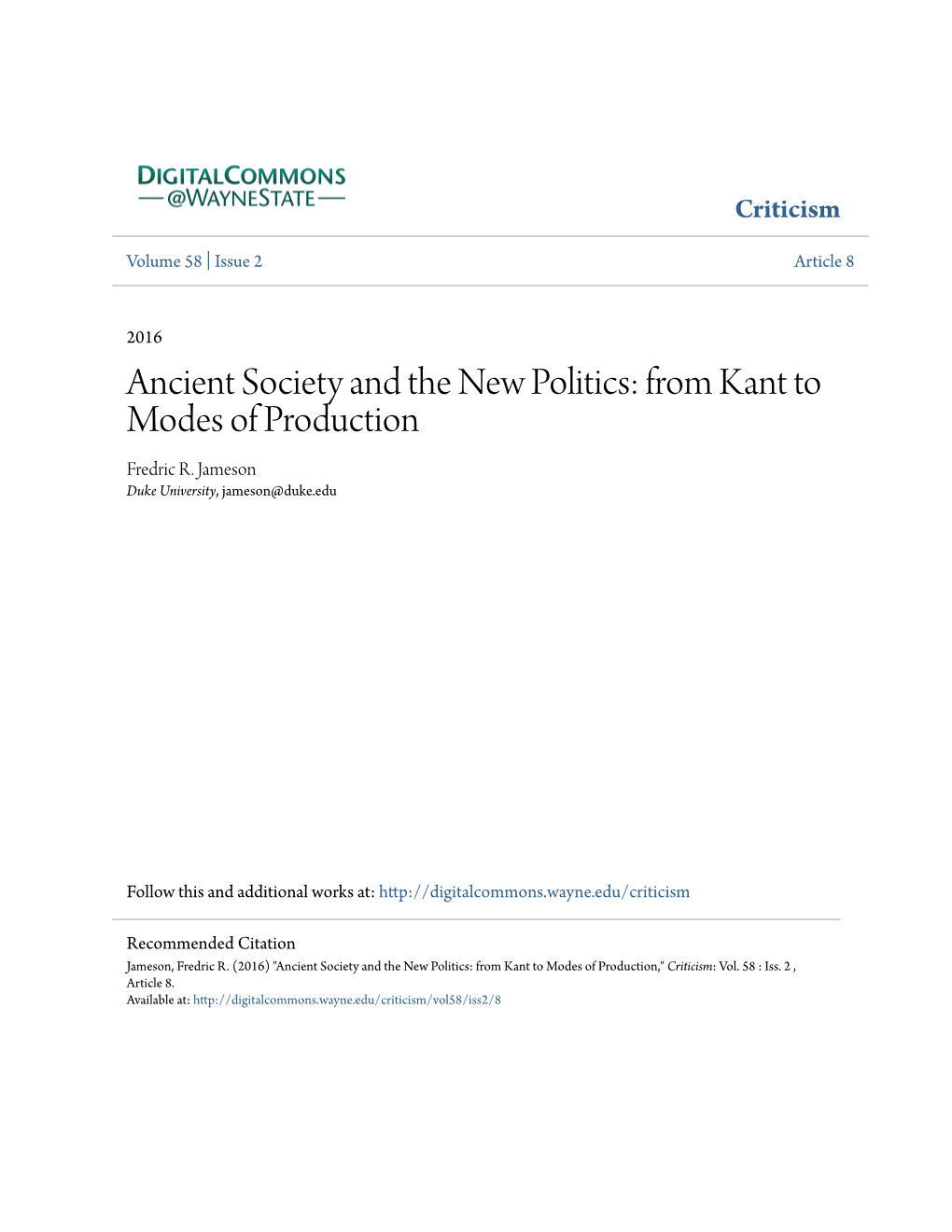 Ancient Society and the New Politics: from Kant to Modes of Production Fredric R