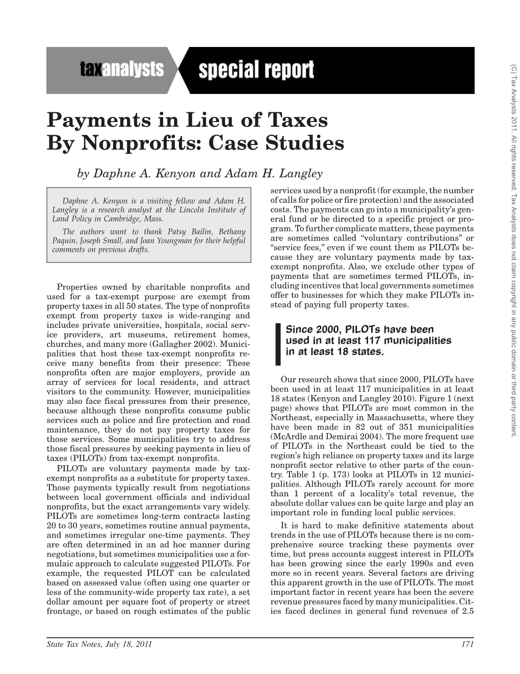 Payments in Lieu of Taxes by Nonprofits: Case Studies