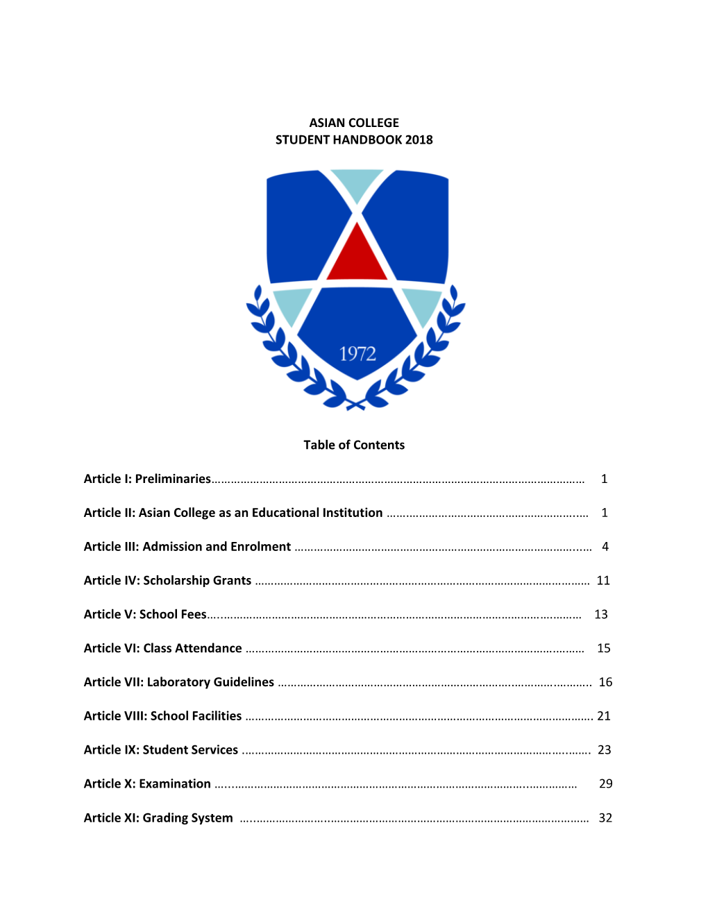 ASIAN COLLEGE STUDENT HANDBOOK 2018 Table Of