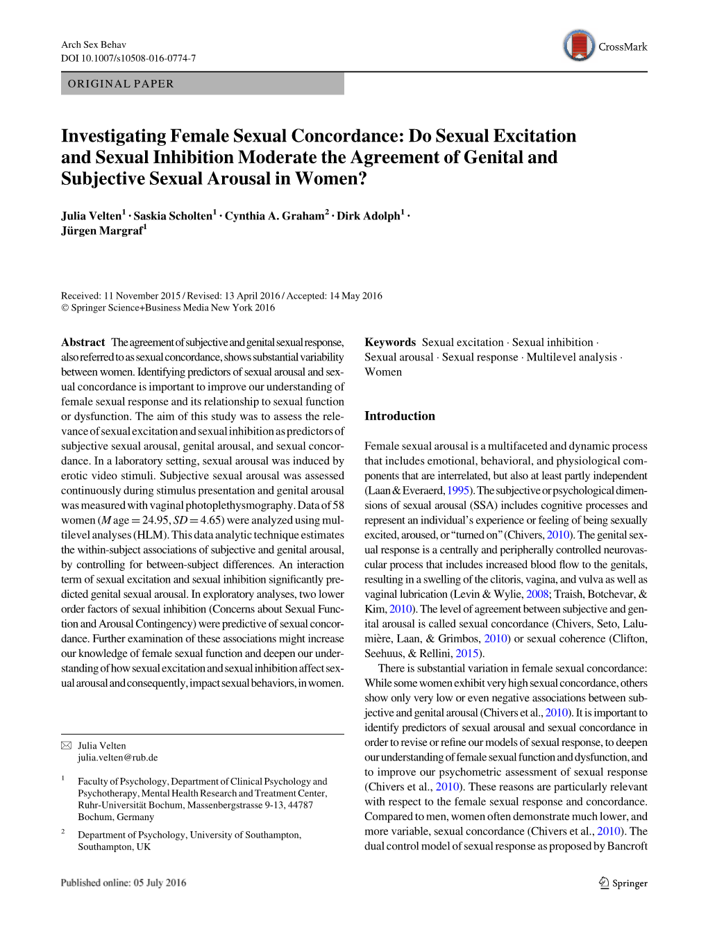 Investigating Female Sexual Concordance: Do Sexual Excitation and Sexual Inhibition Moderate the Agreement of Genital and Subjective Sexual Arousal in Women?