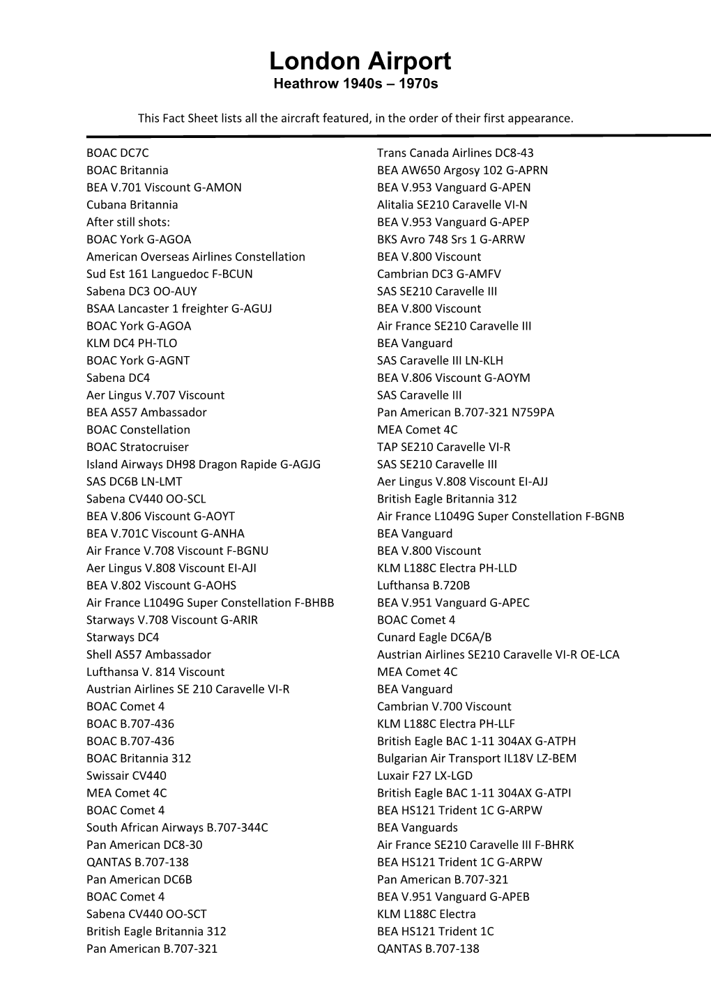 Fact Sheet Lists All the Aircraft Featured, in the Order of Their First Appearance