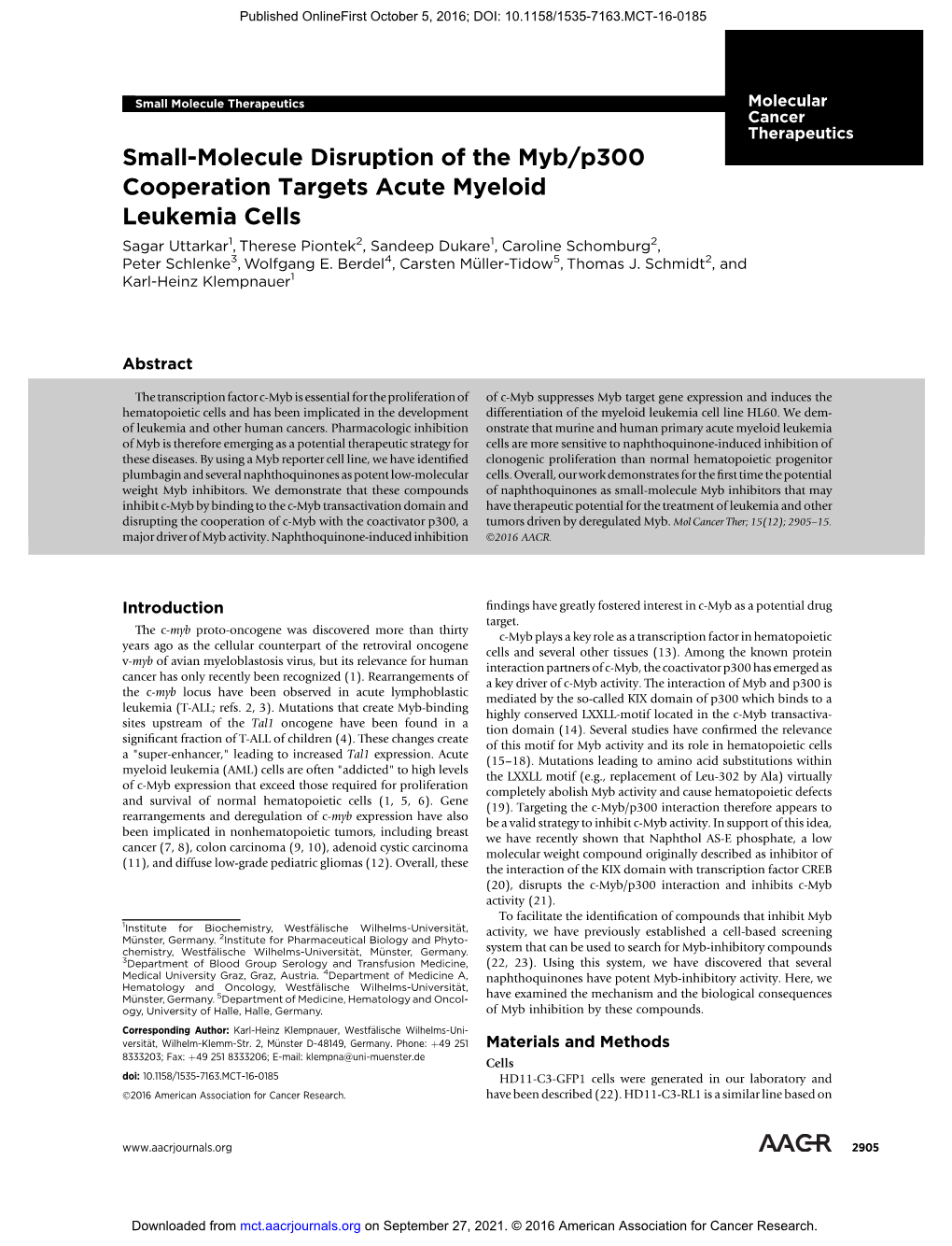 Small-Molecule Disruption of the Myb/P300 Cooperation Targets