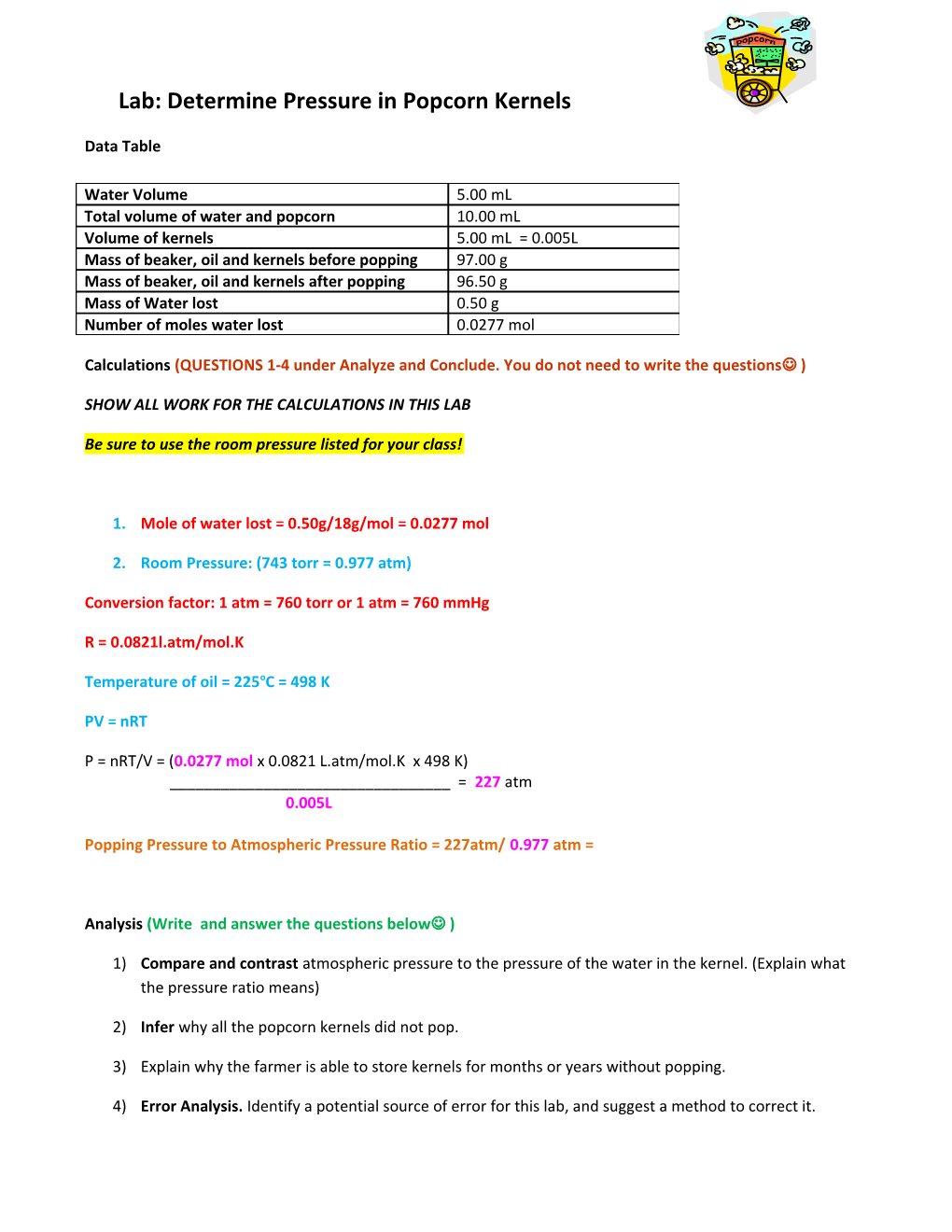 Show All Work for the Calculations in This Lab