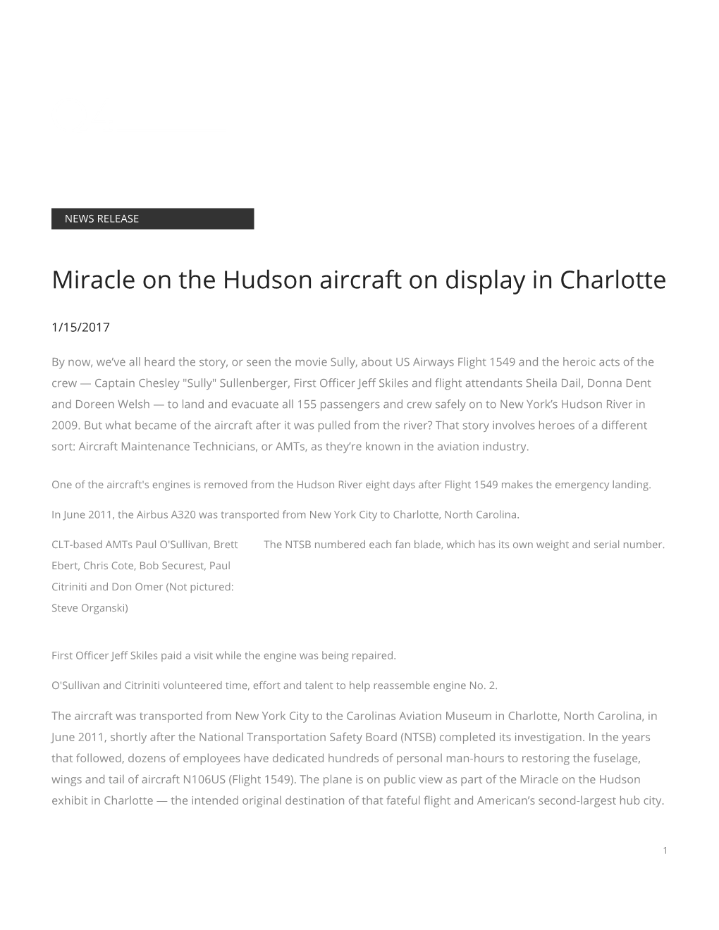 Miracle on the Hudson Aircraft on Display in Charlotte