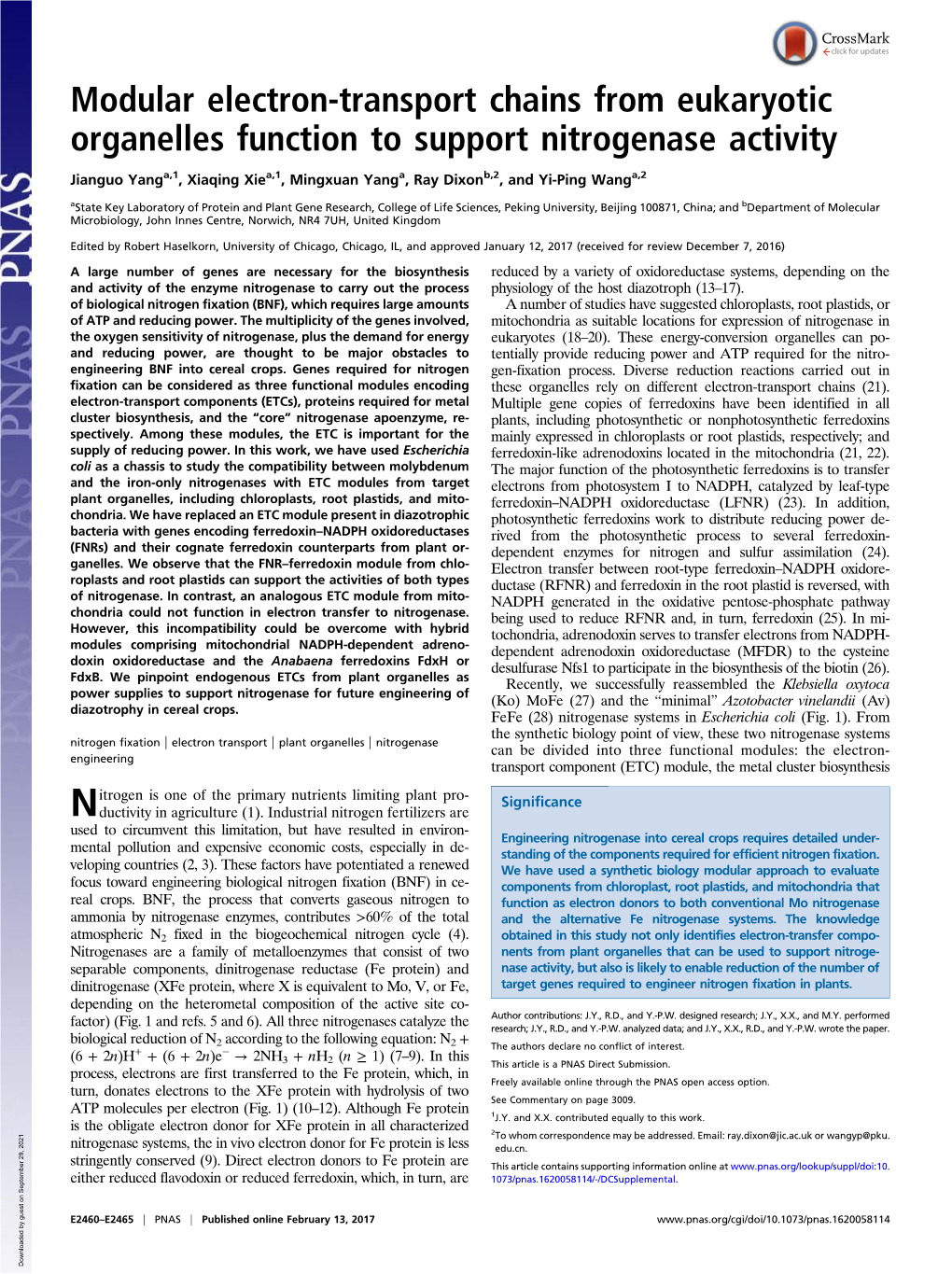 Modular Electron-Transport Chains from Eukaryotic Organelles Function to Support Nitrogenase Activity