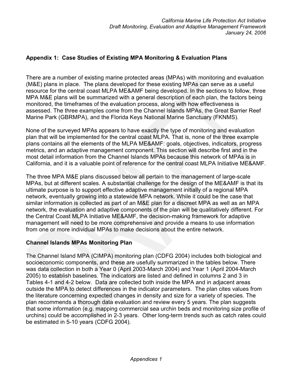 Appendix 1: Case Studies of Existing MPA Monitoring & Evaluation Plans