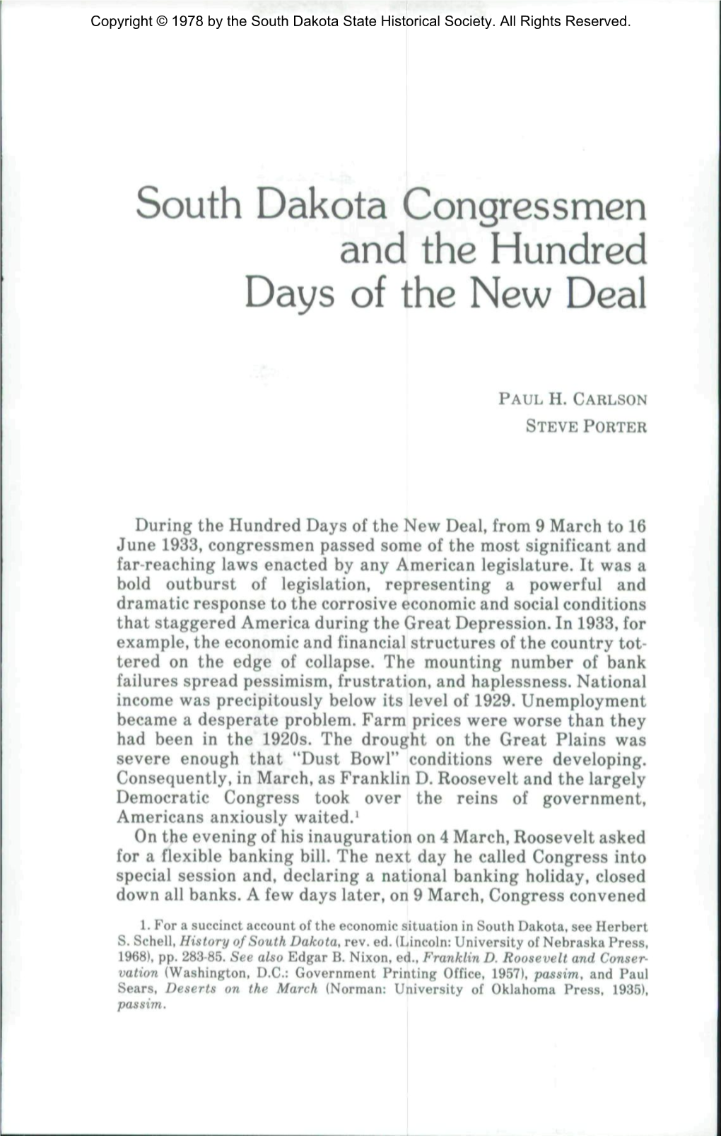 South Dakota Congressmen and the Hundred Days of the New Deal