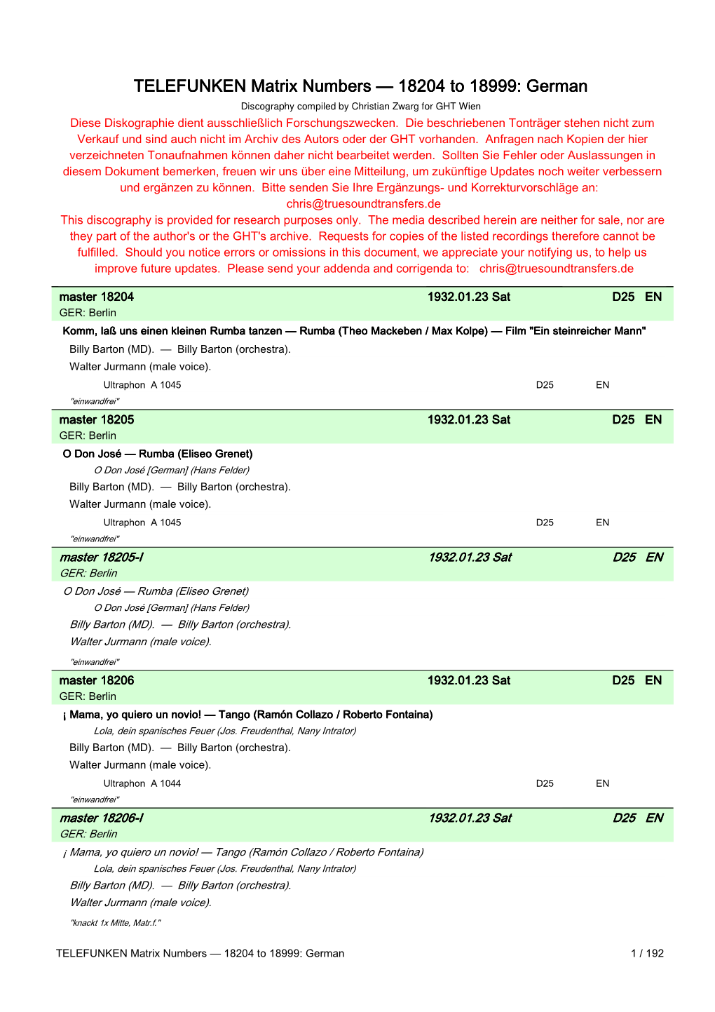 TELEFUNKEN Matrix Numbers — 18204 to 18999: German Discography Compiled by Christian Zwarg for GHT Wien Diese Diskographie Dient Ausschließlich Forschungszwecken
