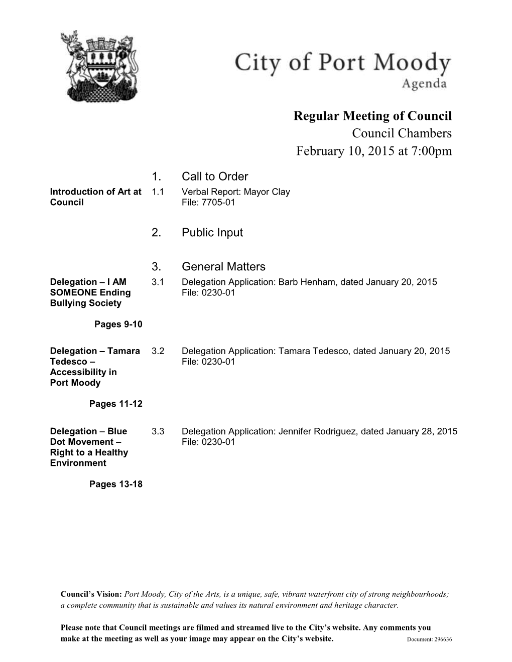 Regular Meeting of Council Council Chambers February 10, 2015 at 7:00Pm