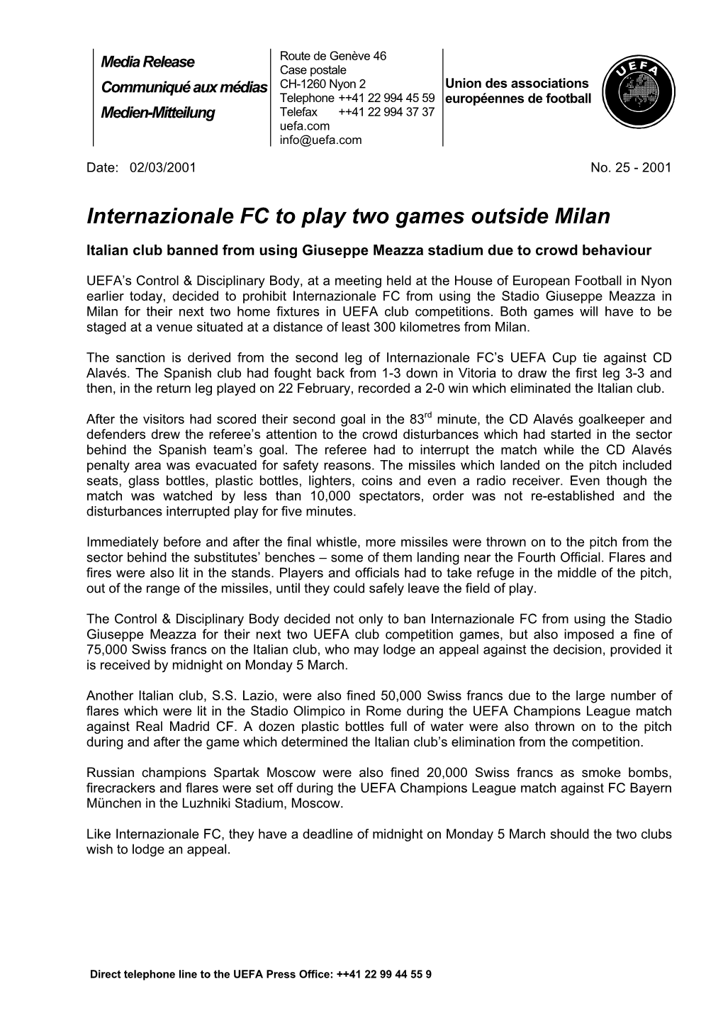Internazionale FC to Play Two Games Outside Milan