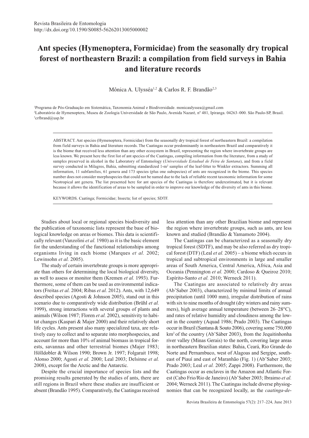 Ant Species (Hymenoptera, Formicidae) from the Seasonally Dry Tropical Forest of Northeastern Brazil: a Compilation from Field Surveys in Bahia and Literature Records